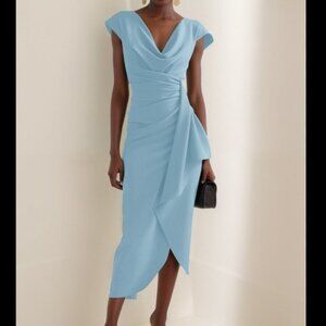 NWT Fehaute‎ Draped Ruched Sheath Midi Dress 6 Light Blue Cocktail Party Wedding